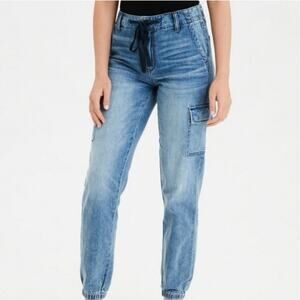 NWT American Eagle Denim Joggers Womens 2 Short Rocky Blue Cargo High Rise 90s